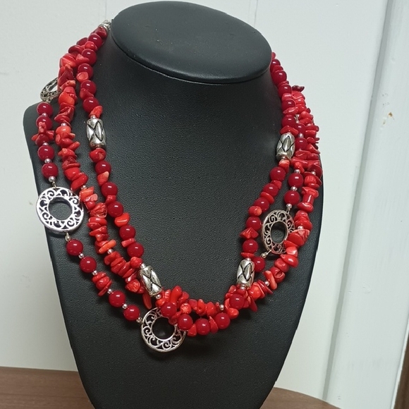 Jewelry - Red Beaded Necklace with Silver Accents